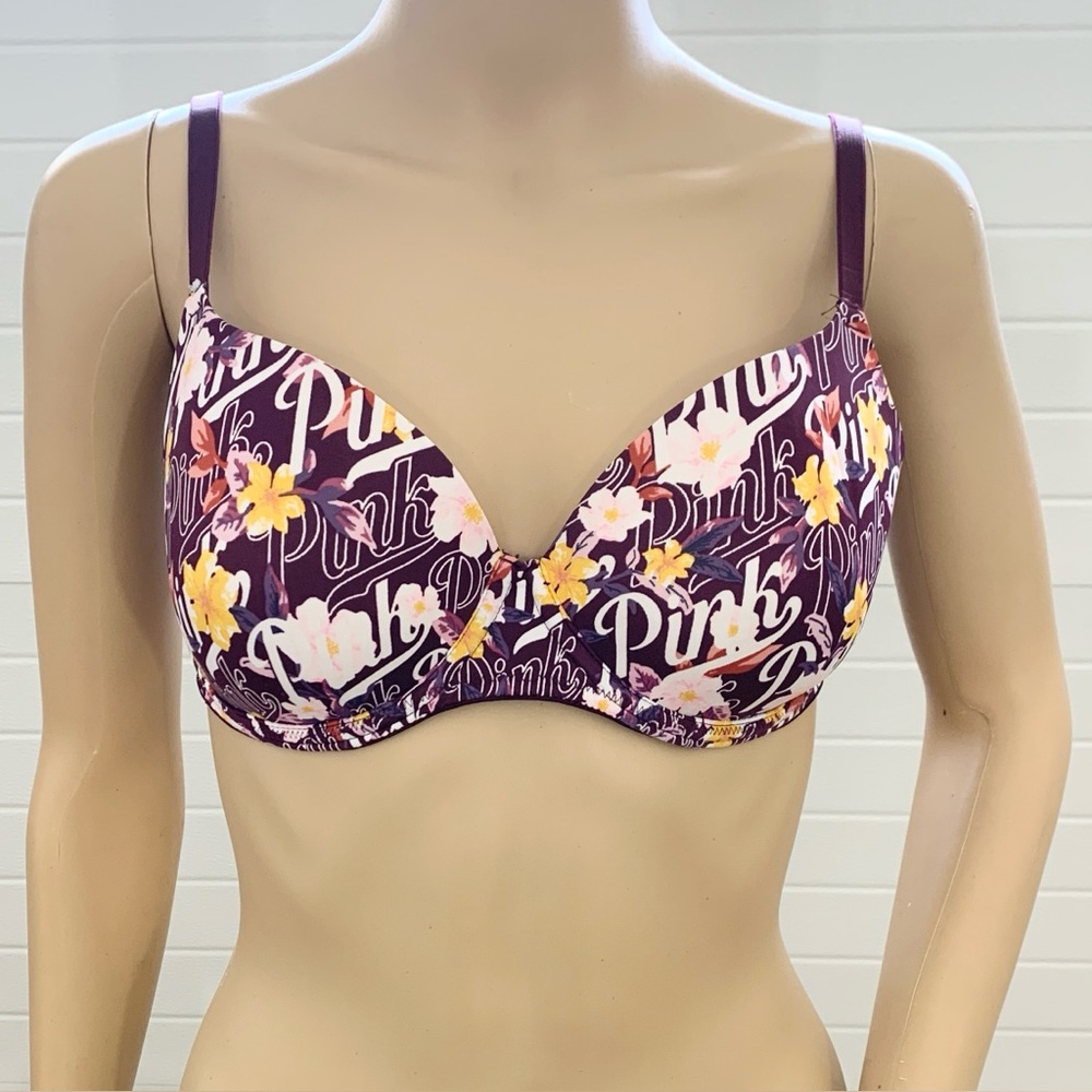 Victoria’s Secret Sz 34D Bra Floral Rose Padded Wired Push Up AOP Pink Burgundy
